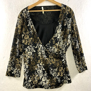 Womens Layered Surplice Dark Floral Top Sz XL Y2K Dark Romantic Office Stretch